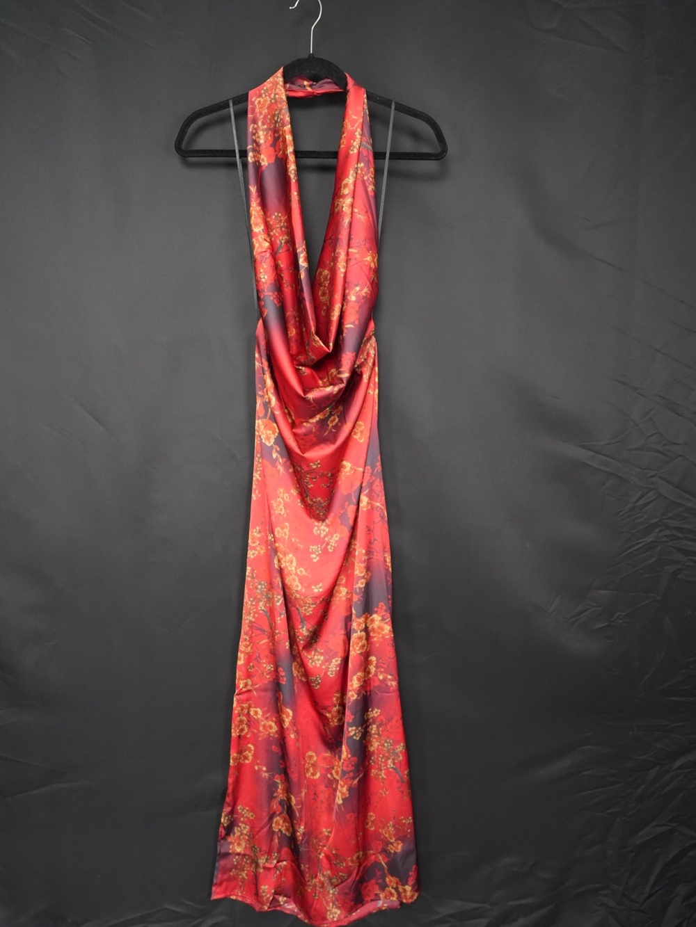 Aakaa Red and Gold Floral Backless Satin Maxi Dress